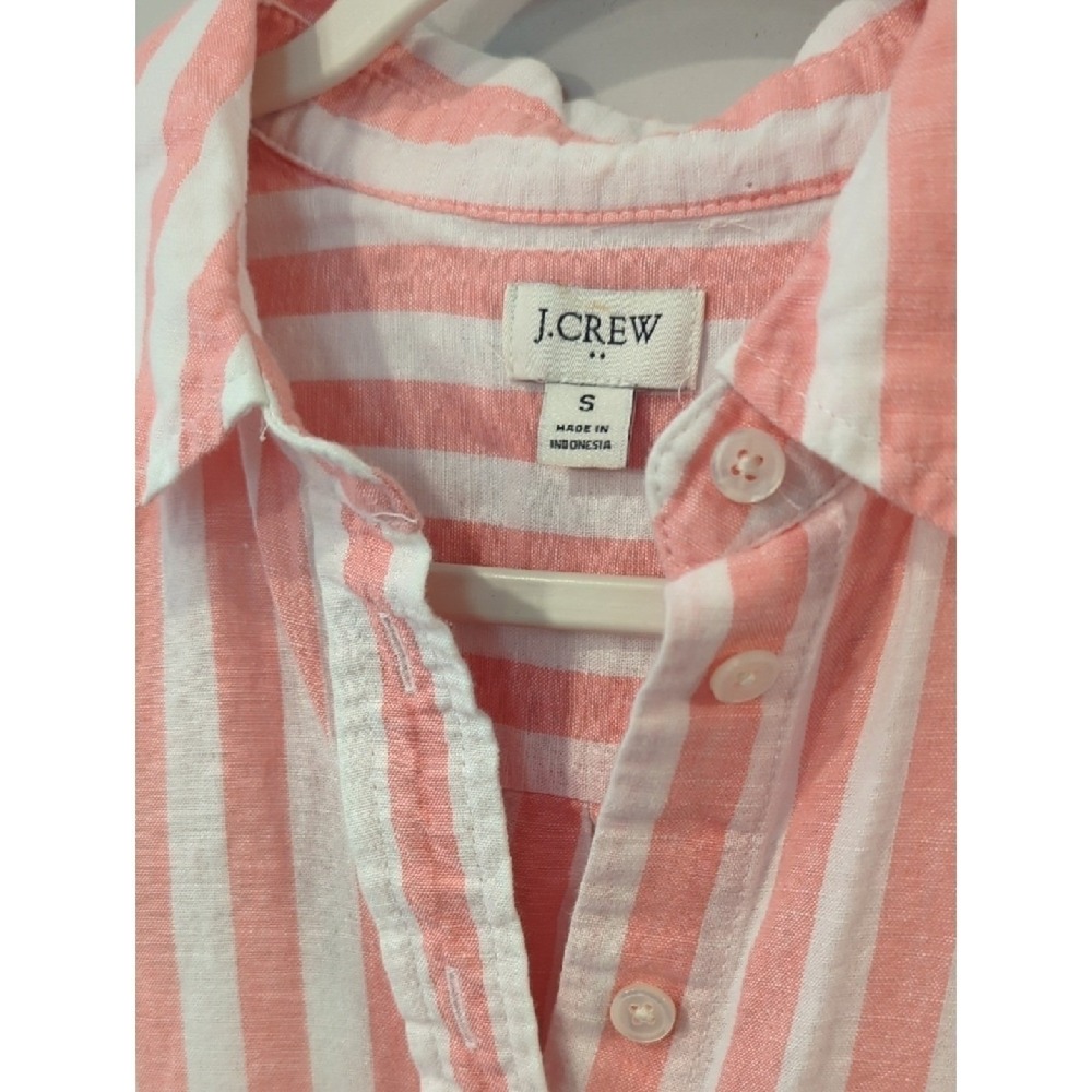 J Crew Linen Button Up Shirt Coral Pink White size Small - Picture 2 of 7